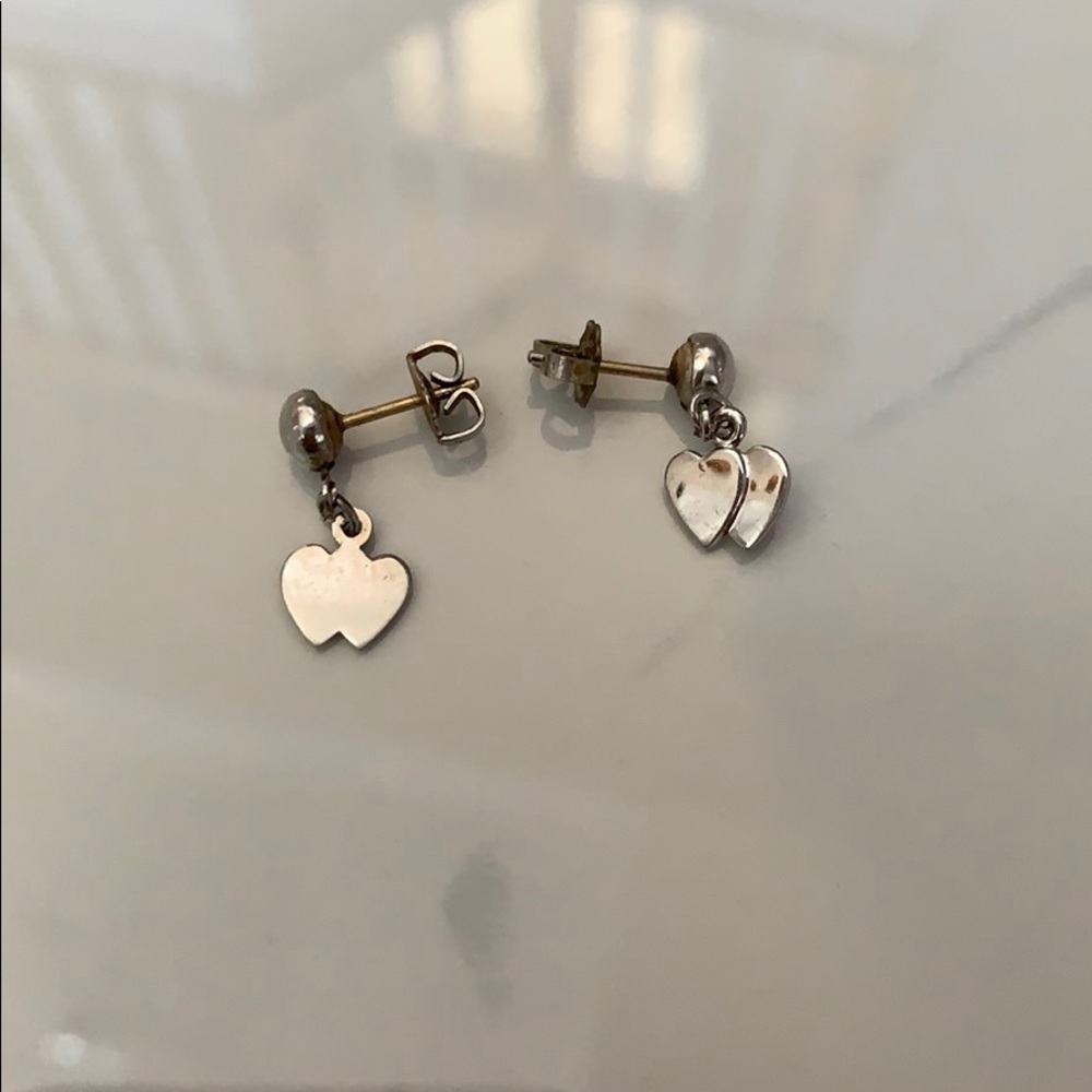 Silver Double Heart Dangle Stud Post Earrings - Picture 3 of 3